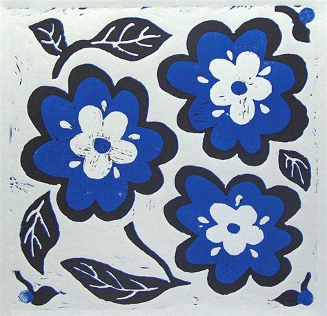 Blue Flower Linoleum Block Print Linocut Fine Art Print Home Decor