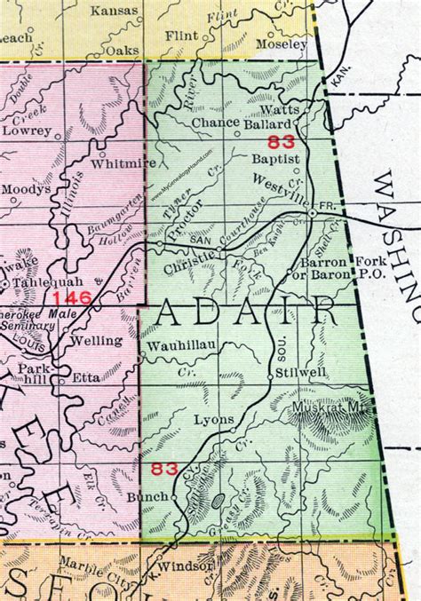 Adair County, Oklahoma 1911 Map, Rand McNally, Stilwell, Westville, Watts