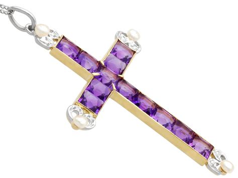 Antique Carat Amethyst Pearl And K Yellow Gold Cross Pendant Circa