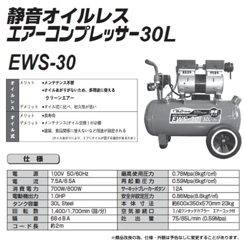 ユアサプライムスcom｜シンセイ 静音オイルレス エアーコンプレッサー30l Ews 30 10馬力（静音タイプ）【代引不可沖縄県配達