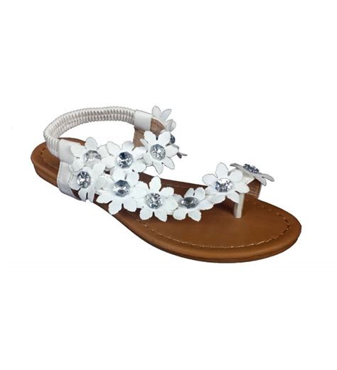 Elegant Womens Fashion White Hawaiian Flowers Gladiator Flat Sandals