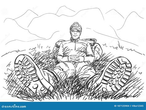 Perspective Drawing of Hiker Man Sitting on Ground Stock Vector ...