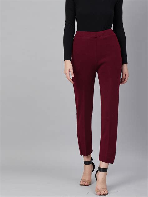 Buy Cayman Women Burgundy Cropped Woollen Trousers Trousers For Women