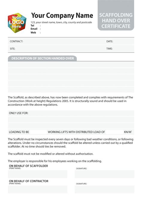 SCAFFOLDING Hand Over Certificate printed from £48