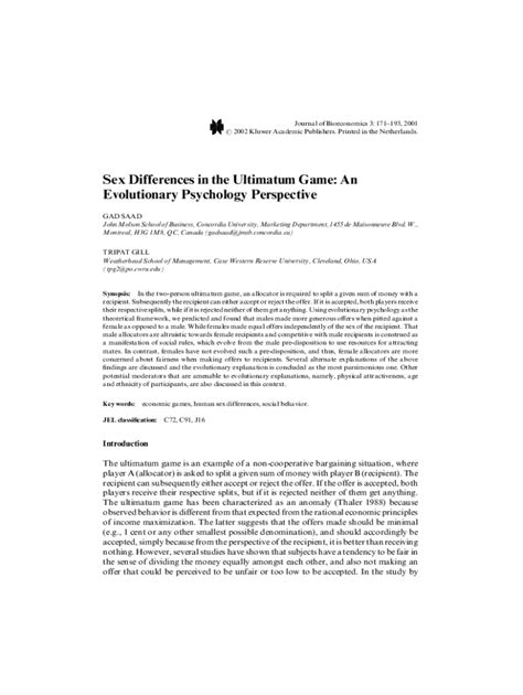 Fillable Online Sex Differences In The Ultimatum Game An Evolutionary Psychology Fax Email