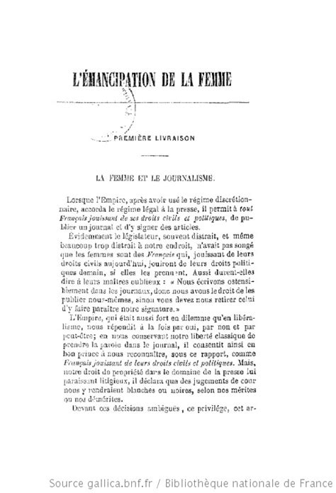 L émancipation de la femme en dix livraisons par Melle J V Daubié