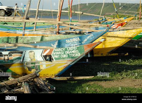 Bows Of Boats On Shore Of Lake Victoria Kenya Stock Photo Alamy