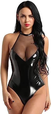 YOOJIA Women Patent Leather One Piece Wetlook Lingerie Halter Neck High