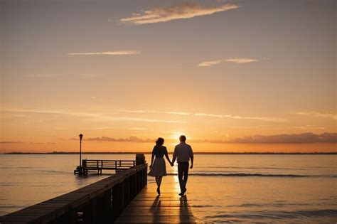 Premium AI Image | Silhouette of couple walking on pier at sunset