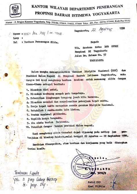 Surat Dari Kepala Kantor Wilayah Departemen Penerangan Provinsi Daerah