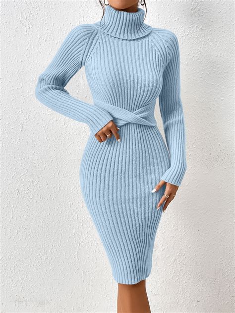 Turtleneck Twist Front Raglan Sleeve Sweater Dress In Blue