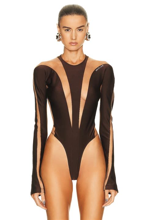 Mugler Long Sleeve Bodysuit In Chocolate Nude Fwrd