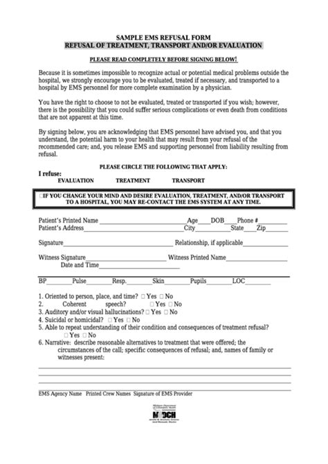 Printable Refusal Of Medical Treatment Form