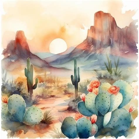 Premium Ai Image Painting Of Desert Scene With Cactus And Mountains