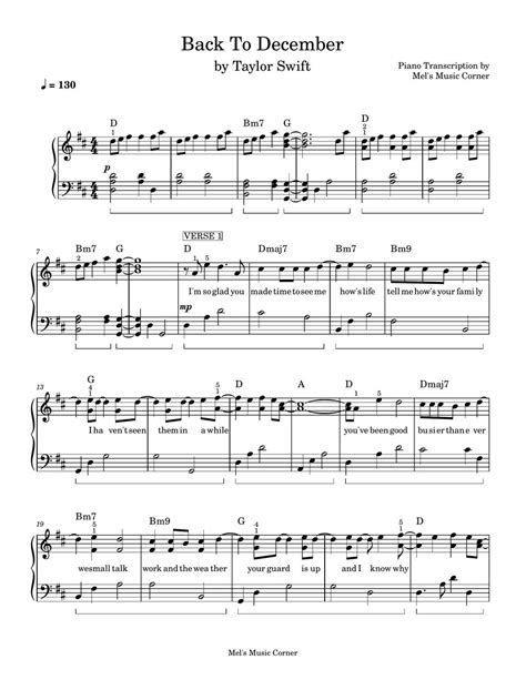 Taylor Swift Back To December Piano Sheet Music Sheets By Mels Music Corner