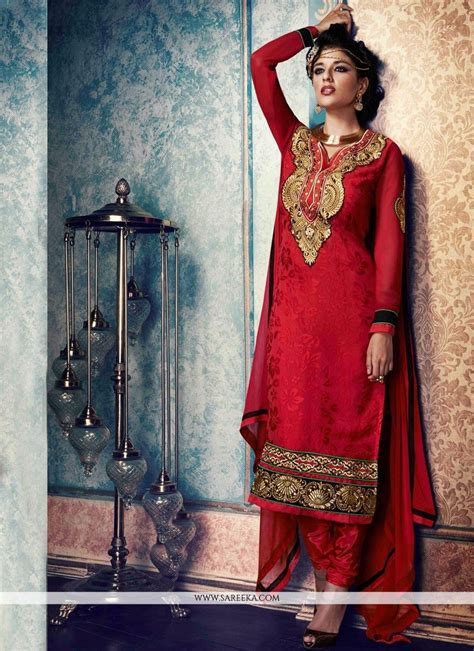 Resham Work Red Churidar Designer Suit