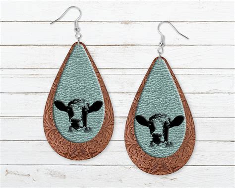 Tear Drop Earring Sublimation Cow Faux Leather Layered Design Etsy