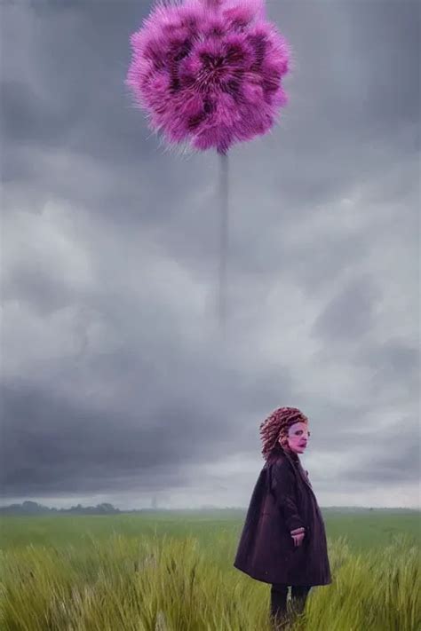 Portrait Enormous Thistle Flower Head A Girl Wearing Stable