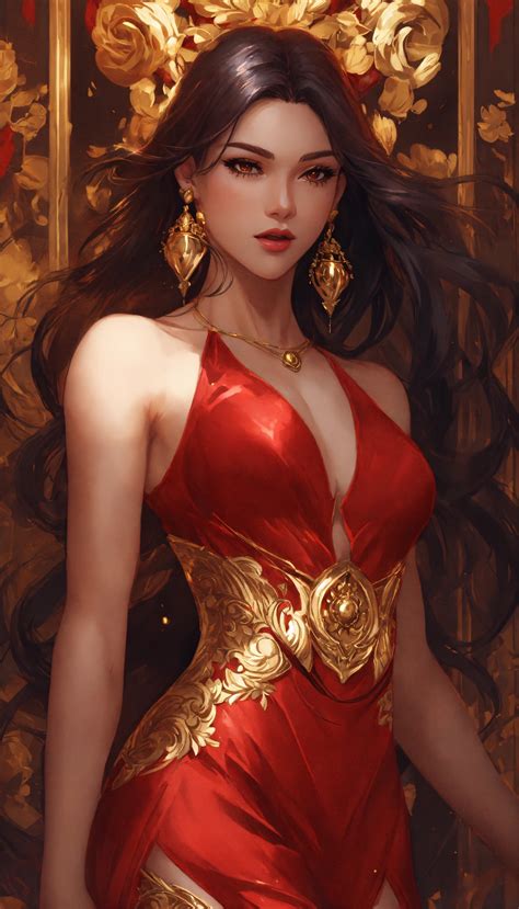 Lexica Illustration Woman In Short Red Dress Intricate Gold