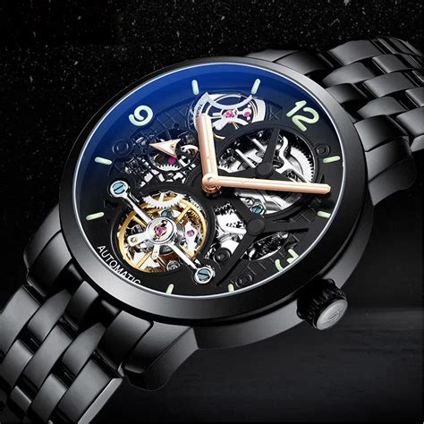 Ailang Fashion Men Stainless Steel Black Tourbillon Hollow Mechanical