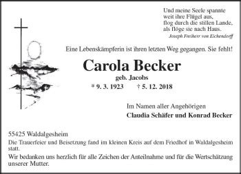 Traueranzeigen Von Carola Becker Vrm Trauer De