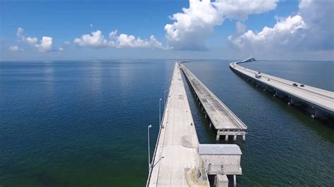 Drone Flight Over The Southern Skyway Bridge Fishing Pier Over Tampa