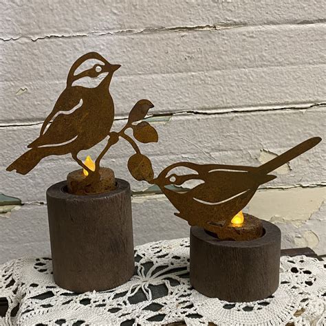 Set Of 2 Rusty Tin Bird Tealight Holder With Led Timer Tealights Etsy