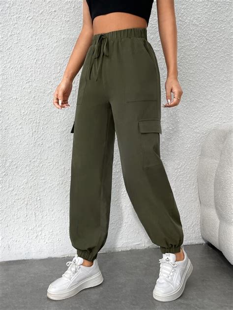 Shein Petite Pantalones Cargo Con Bolsillo Lateral Con Solapa De