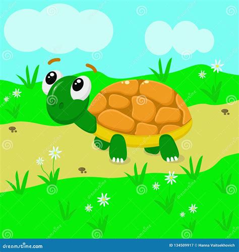 Funny Green Turtle In The Meadow Vector Illustration Eps Stock