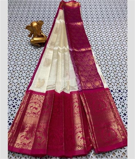 Half White And Magenta Color Mangalagiri Pattu Sarees With Kanchi