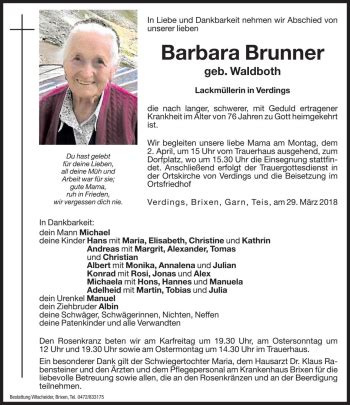 Traueranzeigen Von Barbara Brunner Trauer Bz