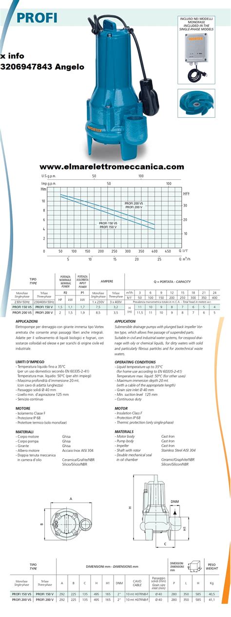 Hp Wortex Profi T V Trifase Elettropompa Sommersa Fogna Acque Nere