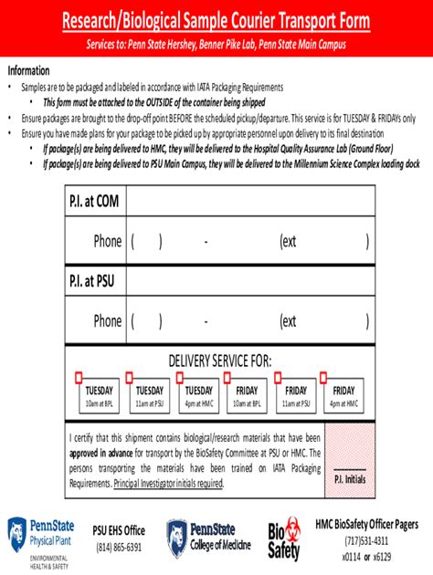 Fillable Online Ehs Psu Research Biological Sample Courier Transport