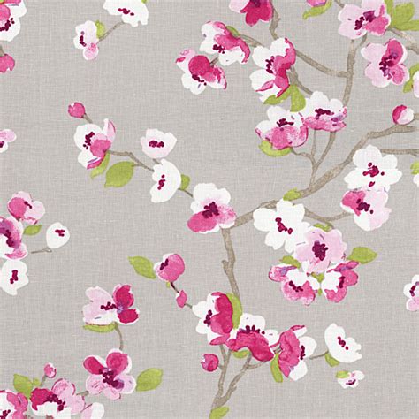 Gray And Magenta Cherry Blossom Linen Fabric Contemporary Upholstery