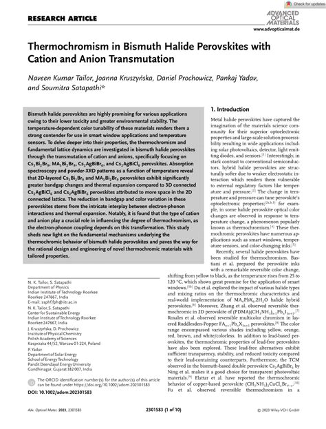 Pdf Thermochromism In Bismuth Halide Perovskites With Cation And