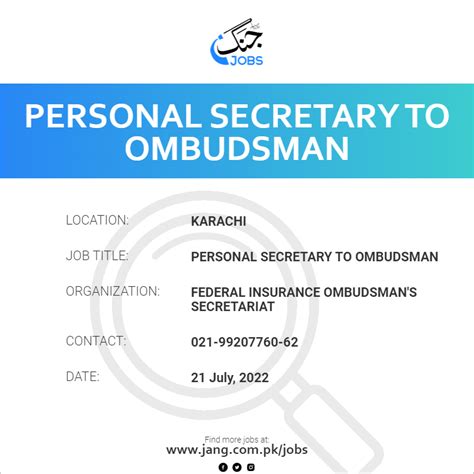 Personal Secretary To Ombudsman Job Federal Insurance Ombudsman S