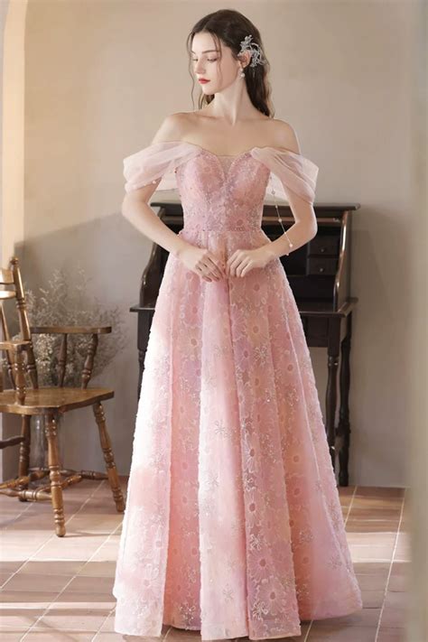 Pink Off Shoulder Lace Floral Long Prom Dresses Off The Shoulder Pink Lwt Dress