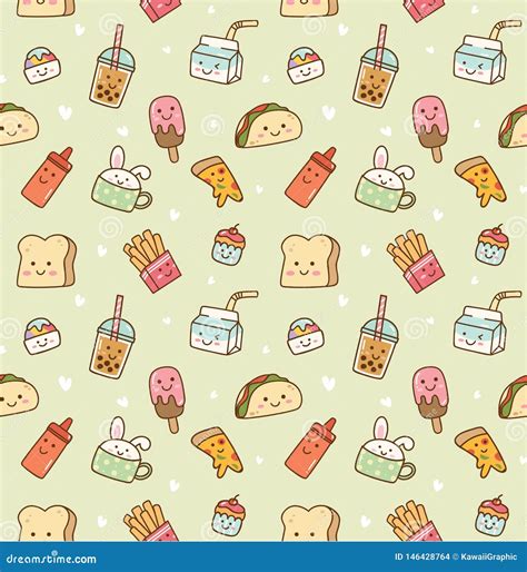 Various Food and Drink Seamless Background in Kawaii Style Vector Stock Illustration ...