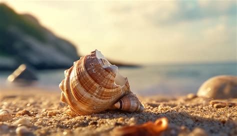 Un Coquillage Sur La Plage Avec Le Coucher De Soleil Derri Re Lui