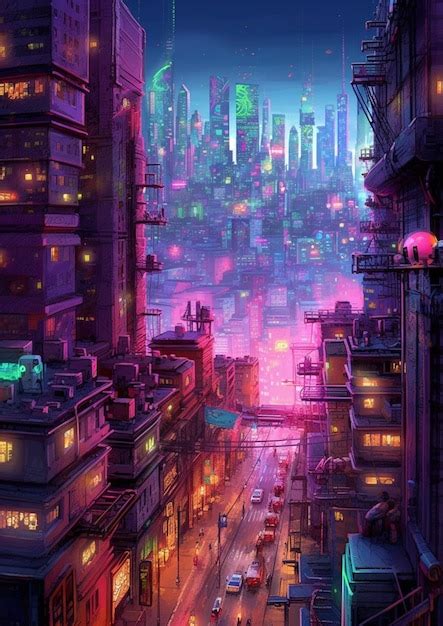 Premium Photo Anime City At Night With Neon Lights And Cars Generative Ai