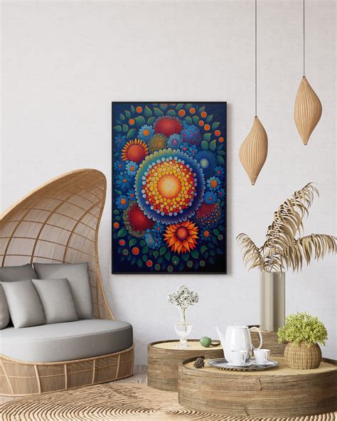 Vibrant Yayoi Kusama Inspired Mandala Oil Painting Of Flowers Digital