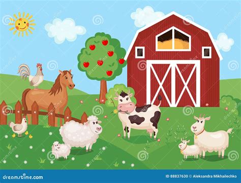 Illustration with Farm Animals and Birds Stock Vector - Illustration of ...