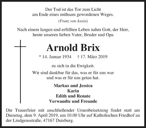 Traueranzeigen Von Arnold Brix Trauer In NRW De