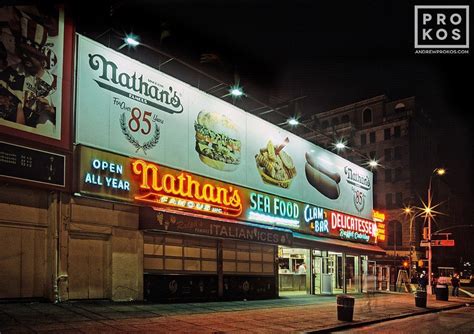 Nathan's Famous at Night, Coney Island - Framed Photograph by Andrew Prokos