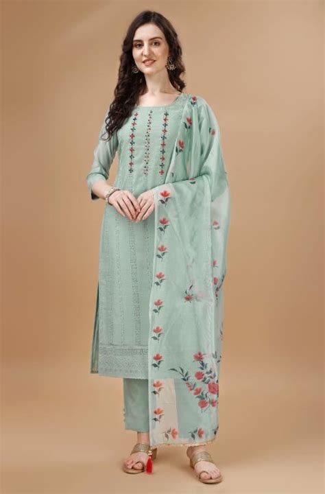 Buy Mojilaa Women S Sea Green Chanderi Silk Bored Schiffli Embroidered