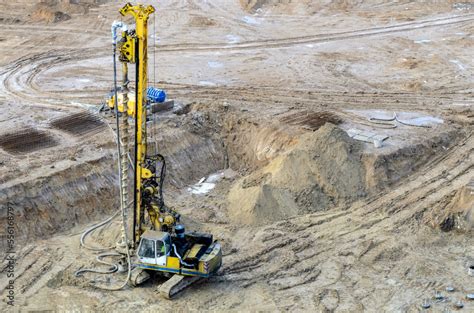 Drilling Rig In A Pit At A Construction Site Deep Foundation Machine