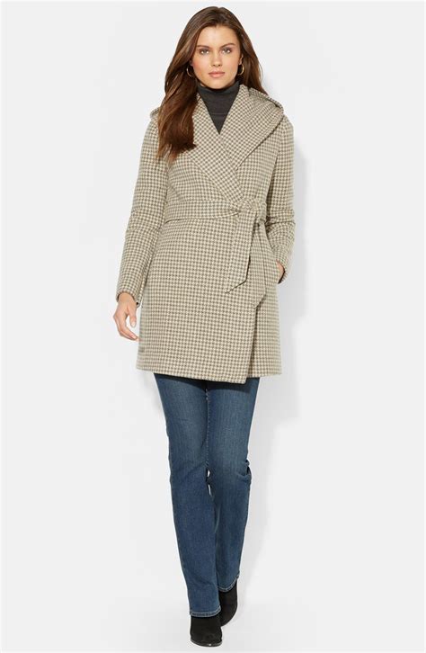 Lauren Ralph Lauren Houndstooth Hooded Wool Blend Wrap Coat Online Only Nordstrom