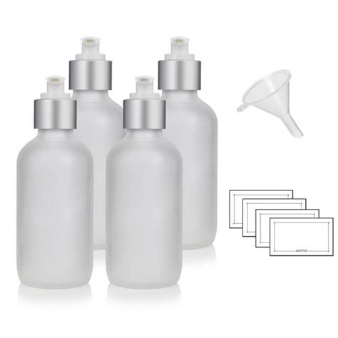 4 Oz Frosted Clear Glass Boston Round Bottle With Silver Lotion Pump 4 Pack Funnel And