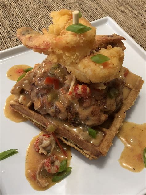 My Riff On Chicken N Waffles Lump Crab Cake Waffle With Crawfish