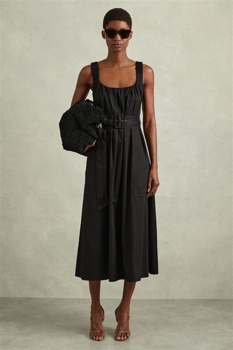 Buy Reiss Black Liza Petite Cotton Ruched Strap Belted Midi Dress From